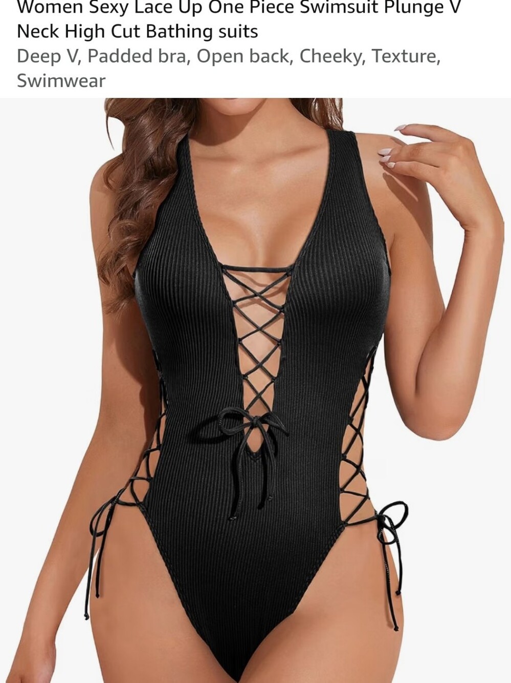 Black Lace-Up One-Piece Swimsuit - Women Swim Size Large New